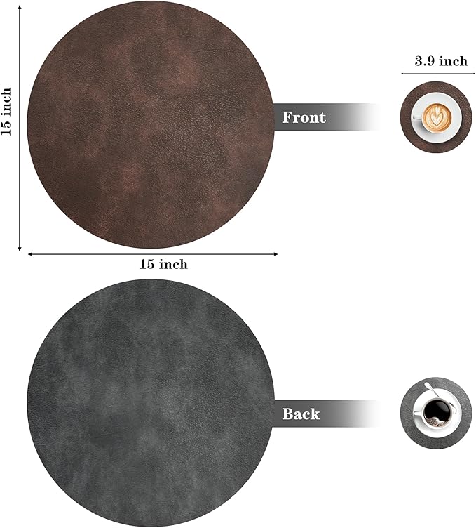 Round Placemats and Coasters Set of 4, Washable Reversible Faux Leather Placemats Cowhide Pattern Place Mats Wipeable Non-Slip 15 inch Round Kitchen Dining Table Mats (Gray Dark Coffee, 4)