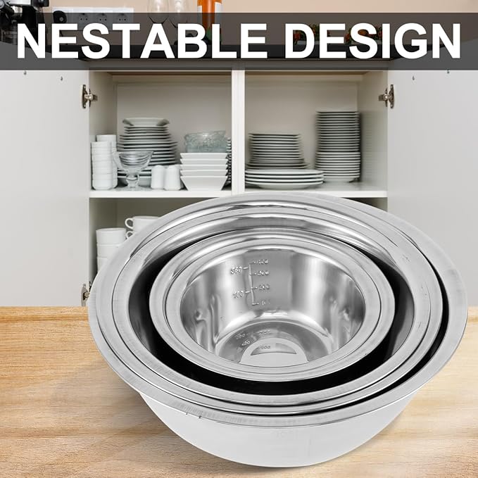 5 Pack Stainless Steel Bowls, Mixing Bowls Set with Scale Marks, 5 Different Size (4.5, 3,2,1.5,0.7QT) Nesting Baking Salad Bowls for Kitchen Cooking Baking(5)