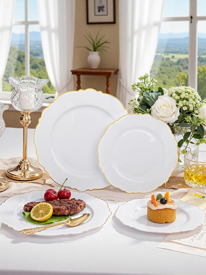 WDF 60pcs Gold Dessert Plates-7.5inch Baroque White and Gold Small Plastic Plates/Disposable Dessert/Salad/Appetizer Plastic Plate for Upscale Bridal Shower/Wedding/Birthday