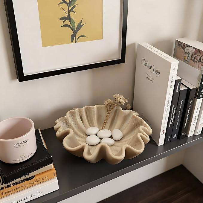 10" Large Handmade Decorative Bowl decor , Handicraft Scalloped Bowls for Modern Home Decor,Ruffle Decor,Key Bowl for Entry Table,Decorative Fruit Bowl for Kitchen Counter,Artificial Stone Beige