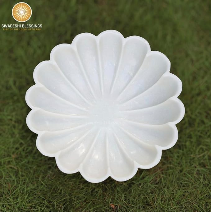 SWADESHI BLESSINGS HandCrafted Marble Decorative Bowl | White Ruffle Scalloped Fluted Key/Fruit Ring Dish | Organic Modern Home Decor (7 Inches)