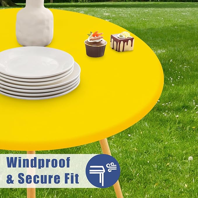 Round Spandex Tablecloth, Elastic Fitted Waterproof Tablecloths for 45"-56" Tables, Stretch Washable Picnic Table Cover for Camping, Dining, Indoor and Outdoor, Yellow