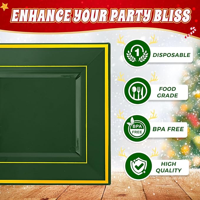 Liacere 100PCS Green and Gold Square Plastic Plates-50PCS Heavy Duty 9.5inch Disposable Dinner Plates and 50PCS 6inch Green Dessert Plate - Gold Plastic Plate for Party&Wedding&Christmas