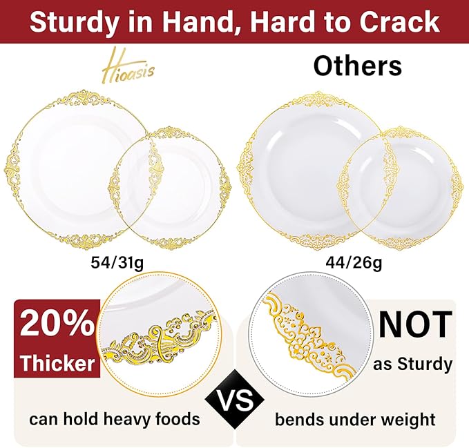 Hioasis 210pcs Clear and Gold Plates - Clear Party Plates for 30 Guest, Include 60 Heavy-duty Plates(20% Thicker Than Standard), 30 Pre Rolled Gold Plastic Silverware Set, 30 Cups