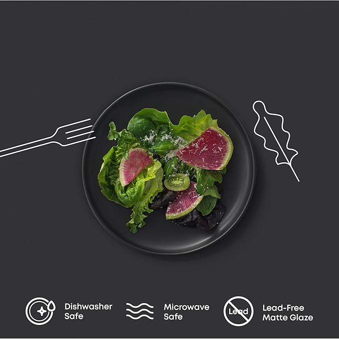 JoyJolt Mesa Stoneware Salad Plates, 8" Round Lunch Plates, Dishwasher and Microwave Safe Plate Set of 6, Modern Rustic Dinnerware, Appetizer Dessert or Dinner Sides Kitchen Dishes - Matte Black