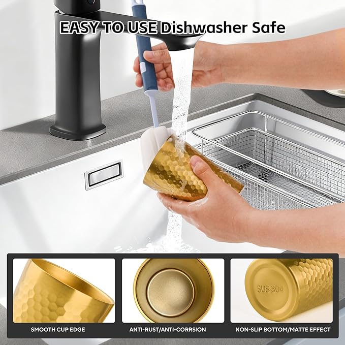 5 Pcs 12 oz Honeycomb Small Metal Cup, Double Wall Vacuum Stainless Steel Insulated Cup, Reusable Camping Cups Unbreakable Indoor Outdoor for Party, Home, Office, BBQ, Gold