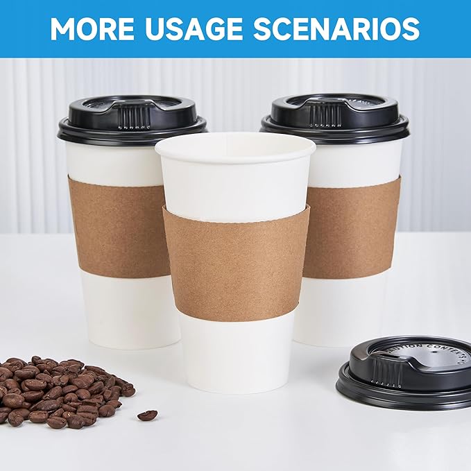 RACETOP 16 oz 50 Pack Disposable Paper Coffee Cups with Lids and Sleeves, White Disposable Paper Cups, To Go Hot Cups for Coffee Hot Liquid, Ideal for Cafes, Bistros