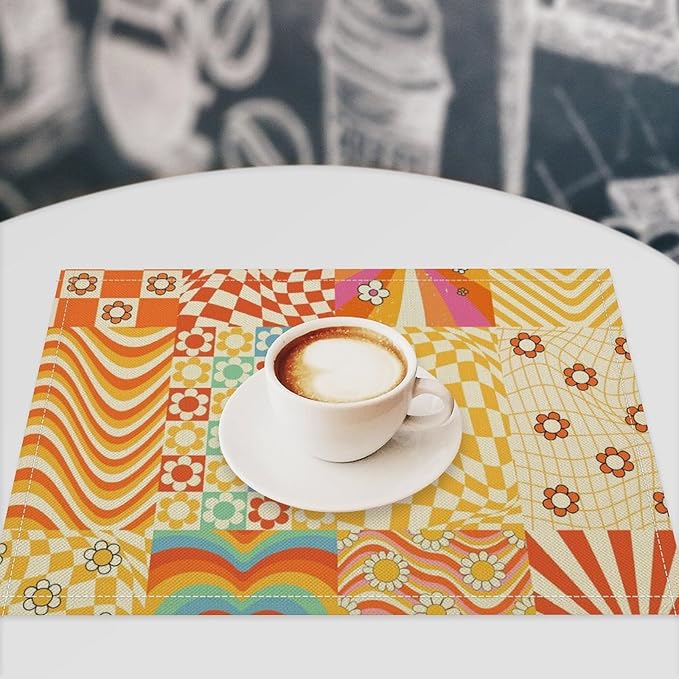 60S 70S Hippie Flower Placemats，Groovy Floral Table Mats for Kitchen Table Boho Vintage Flowers Groovy Aesthetic Placemats for Kids Girls Teens 18"x12" 6 PCS
