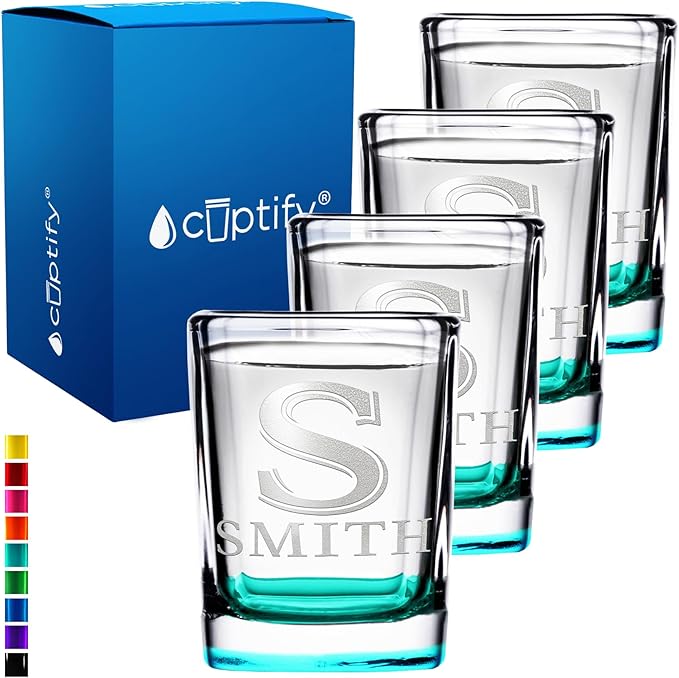 Personalized Shot Glasses Set of 4 Initial and Name 2oz Teal Bottom Etched Square Shot Glass Engraved with Custom Text Birthday Gift for Men and Women