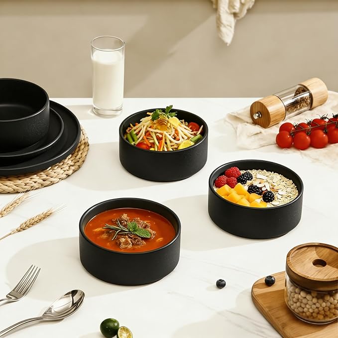 GZG Ceramic Cereal Bowls Set of 4,6 Inch Stoneware Soup Bowls,Dishwasher and Microwave Safe,Stackable,Scratch Resistant for Oatmeal,Fruit,Salads and Rice(Frosted Matte Black)
