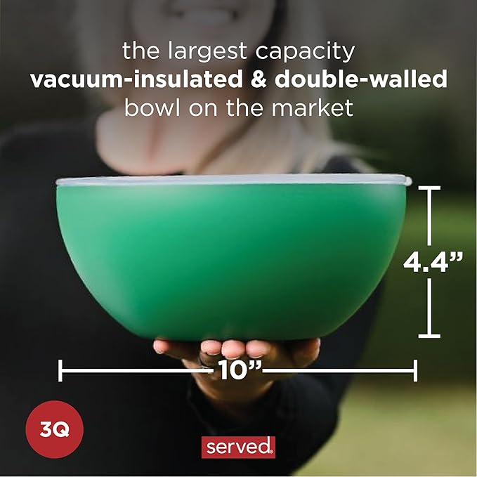 served Large Insulated Serving Bowl with Lid (100oz/3QT) - Double-Walled Stainless Steel Bowl for Hot & Cold Food - Vacuum Insulated, Spill-Resistant Thermal Bowl for Parties, Casseroles, Tailgates