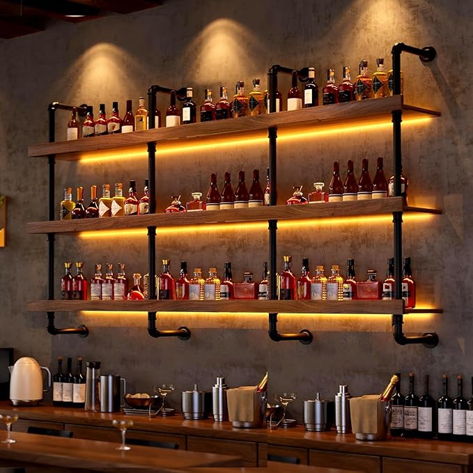 70.8in Large Wine Rack with LED Light Solid Wood Wall Mounted Wine Rack, 3-Tiers Liquor Bottles Floating Shelves Display Storage Organizer for Home Bar & Dining Room (180cm/70.8in)