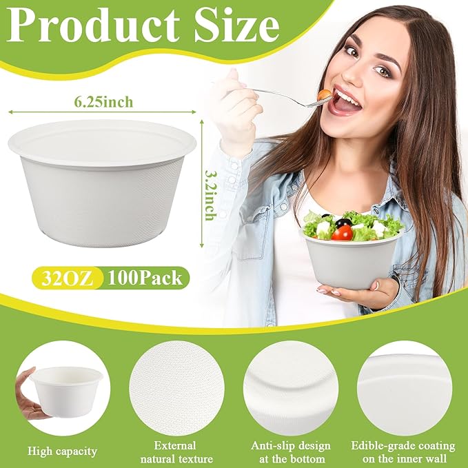 Tessco for you 100 Pack Large Disposable Salad Bowls Deep Heavy Duty Paper Bowls Sugarcane Fiber Compostable Biodegradable Microwave Safe for Hot Cold Soup Ramen Popcorn Pasta(32 oz,White Color)