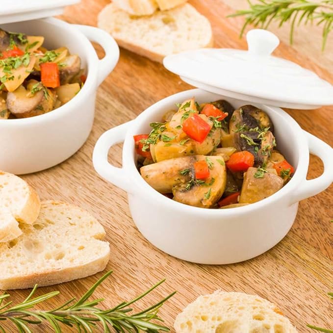 Restaurantware 3 Ounce Mini Cocotte 10 Oven-Safe Mini Dishes - Built-In Handles Microwave-Safe White Porcelain Mini Dutch Oven With Lid Dishwasher-Safe For Baking Appetizers Or Desserts