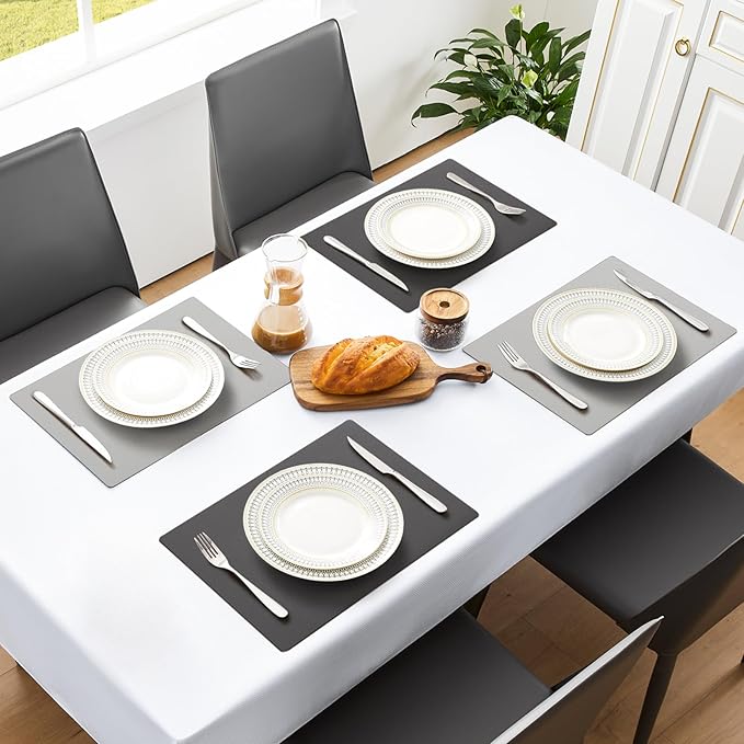 MOSAYT Vinyl Placemats Set of 8, Heat Resistant Place Mats 100% Waterproof Washable & Wipeable Faux Leather Reversible Table Mats for Kitchen Dining Party Indoor Outdoor, 12" x 17", Dark Light/Grey
