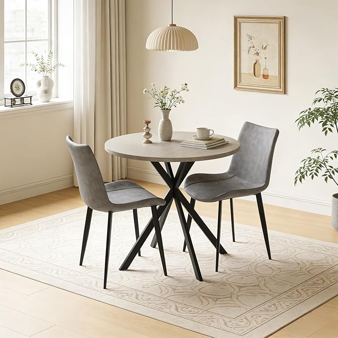 31.5" Round Dining Table and Chairs Set for 2, Small Dining Table Chairs Set Space-Saving, Small Dinette Sets for 2 for Kitchen Dining Room Apartment(Gray Table +Gray Chairs)