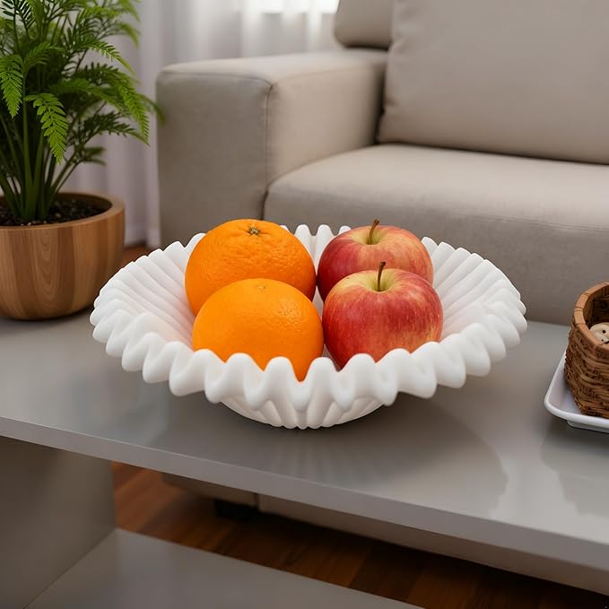 Large Decorative Bowl decor, Scalloped Pedestal Bowls for Modern Home Decor,Ruffle Decor,Stylish Key Bowl for Entry Table,Decorative Fruit Bowl for Kitchen Counter,Artificial Stone Milky White