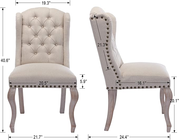 Parsons Dining Chairs Set of 2 Farmhouse Solid Wood Accent Chairs Linen Fabric Host Side Kitchen Chair with Tufted Wingback for Dining Room/Living Room/Bedroom,Cream