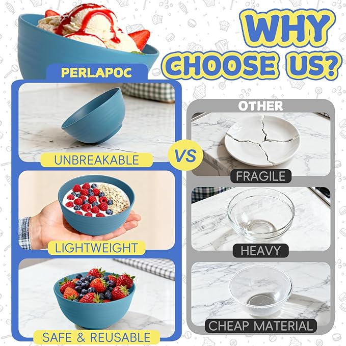 Wheat Straw Bowls Set of 6, Unbreakable 10 OZ Small Bowls Set for Snack, Appetizers, Desserts, Microwave & Dishwasher Safe Alternative Plastic Bowls Reusable, Blue