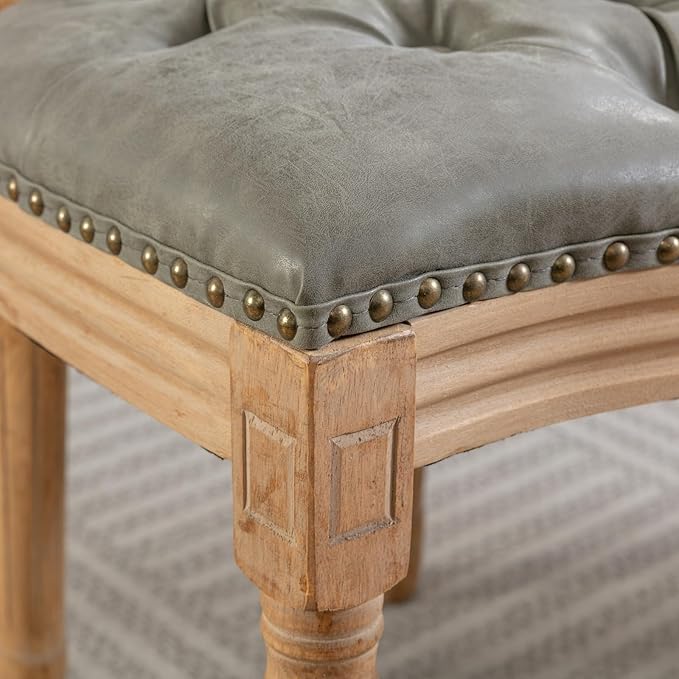 Ball & Cast French Vintage Upholstered Dining Chairs Set of 2, Button Tufted Kitchen Side-Chairs with Carved Antique Wood Frame & Nailhead Trims, PU-Leather Curved Backrest Louis Chair, PU Green