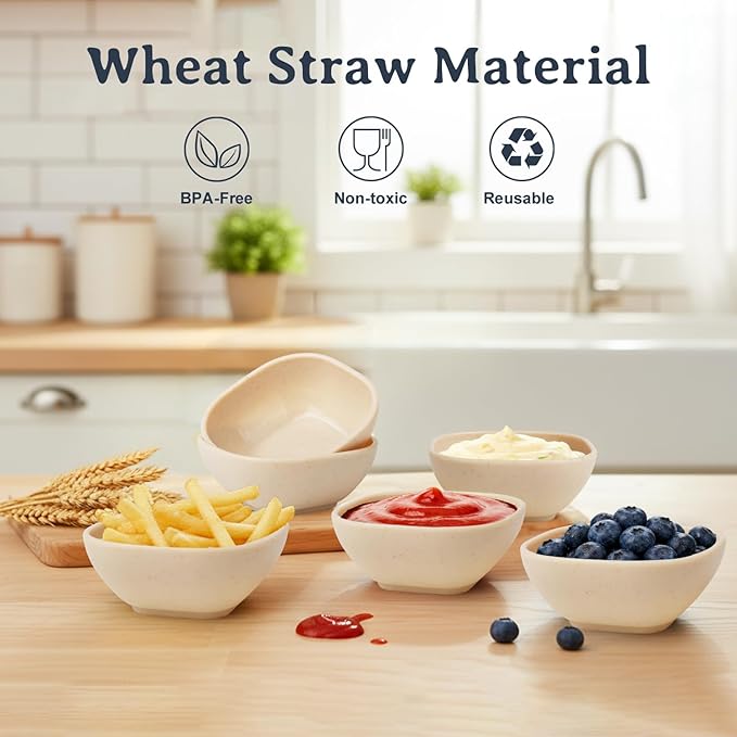Dipping Bowls 5 OZ, Wheat Straw Small Bowls for Dips, Reusable Small Plastic Bowls Set of 6, Unbreakable Charcuterie Cups, Charcuterie Bowls for Kitchen, BBQ, Party, RV - Beige