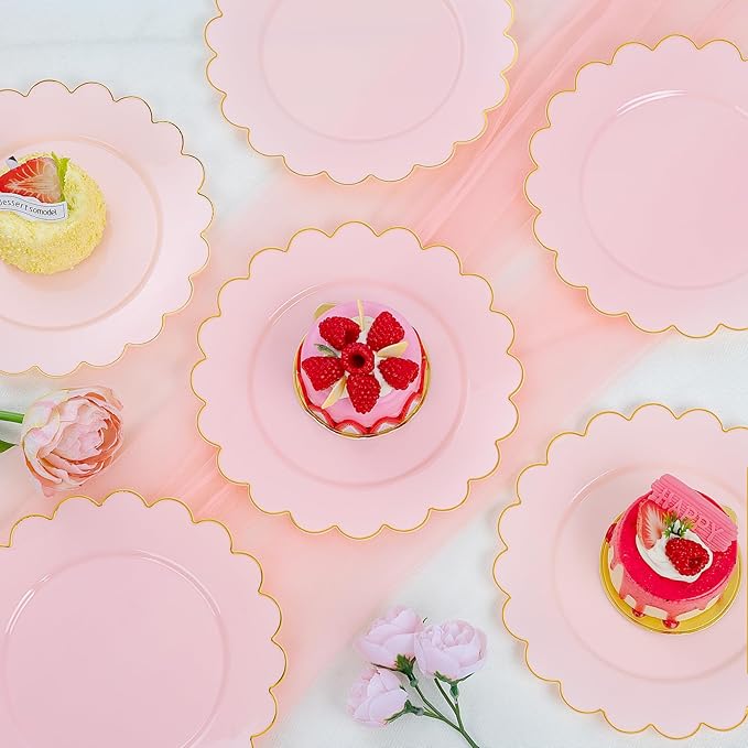 LIYH 100 Pcs 7.5" Pink Plastic Plates with Gold Disposable Pink Dessert Plates Gold Plastic Plate,Baby Shower Plate Set Suitable for Weddings Bridal Showers Afternoon Tea Valentine's Day Mother's Day