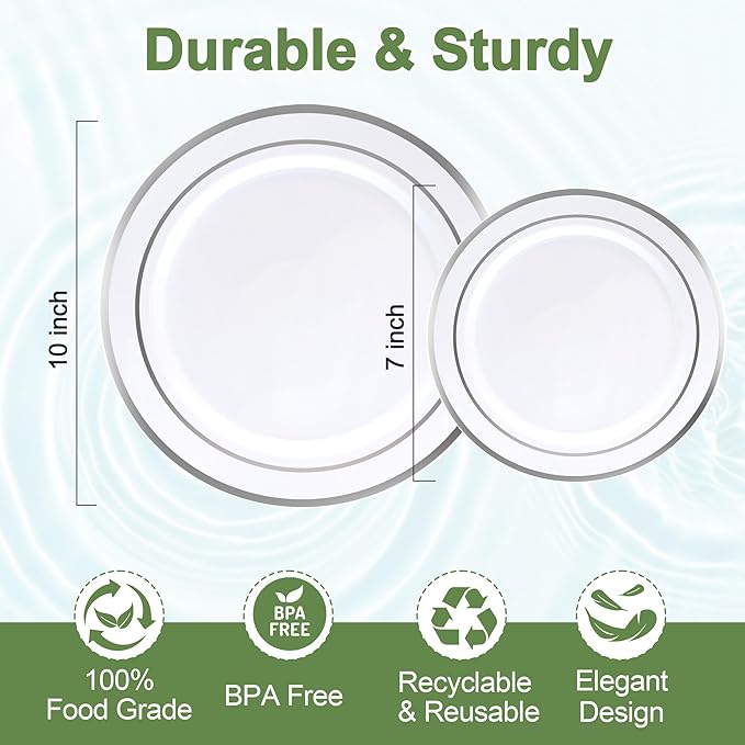 200 PCS Silver Plastic Plates, Silver Disposable Party Plates, Premium Christmas Plastic Plate Include 100 Dinner Platos 10'' and 100 Dessert Platos 7'' Perfect for Birthday, Christmas & Party