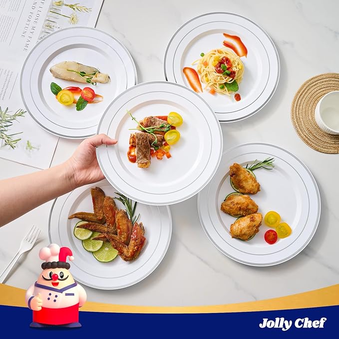 JOLLY CHEF 100 Pieces Silver Plastic Plates, 10 Inch Disposable Plates White Plate with Silver Rim, Heavy Duty Plastic Plates for Christmas, Birthdays and Weddings