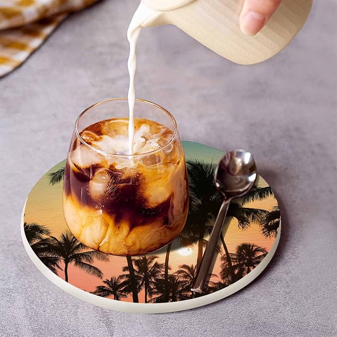 Tropical Island Sunset Coasters for Drinks Beautiful Nature Landscape Sunrise Dusk Scenery Palm Tree for Tabletop Protection Coffee Table Living Room Kitchen Office Home Decor 2 Pcs,4 Inch