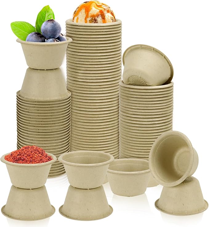 LeonBach 100 Pack Natural Bagasse Fiber Bowls 2oz Disposable Paper Cups Microwavable Safe Sample Snack Charcuterie Serving Cups Disposable Ramekins for Sauce Portion Condiment Ice Cream Desserts