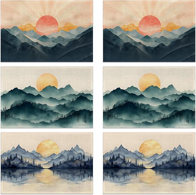 Tropical Landscape Placemats Set of 6,Palm Trees Sunset Seascape Exotic Linen Washable Kitchen Dining Table Mats Heat Resistant Place Mats for Home Party Indoor Holiday