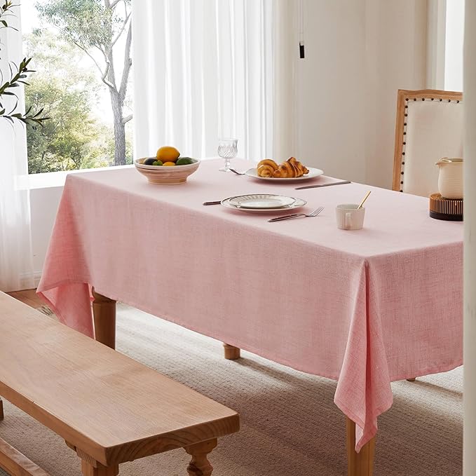 Linen Tablecloth for Rectangle Table, 60x104 Inch Pink, Farmhouse Style Pink Tablecloth, Water Resistant Burlap Tablecloths for Dining Table Farmhouse Kitchen