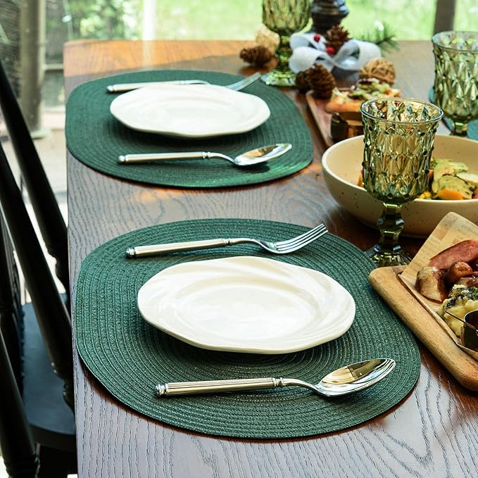 Noctiflorous Oval Braided Placemats Set of 4 Woven 12x18 Inch Non Slip Washable Heat Resistant Place Mats Round Tablemats for Dining Kitchen Party Daily Table Decor Dinner Mats (Solid Forest Green, 4)