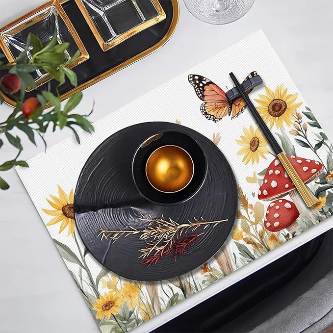 Cute Deer Placemats Set of 6, Sunflower Butterfly Place Mats, Sika Deer Waterproof Washable Table Mats for Home Party Indoor Kitchen Dining Table Decoration 12x18 Inch