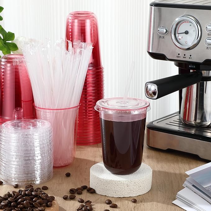 50 Sets Clear Plastic Cups with Lids and Straws, Disposable Iced Coffee Cups Drinking PET for Cold Drinks, Juice, Smoothie, Coffee Shops, Party, Christmas(Pink,16 oz)