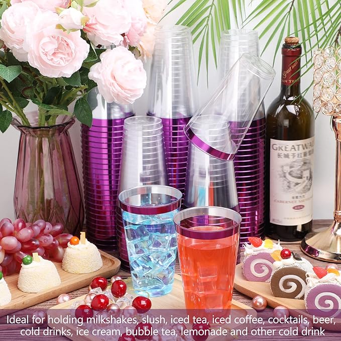 Patelai 100 Pcs 16oz Plastic Cups Disposable Rimmed Cups Heavy Duty Drinking Wine Glasses for Christmas Winter Birthday Beer Taste Serving Snack Sample Tastings Barbecues Picnic(Purple)