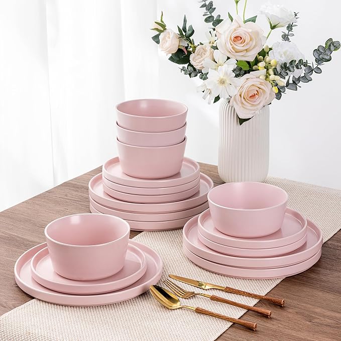 AmorArc Ceramic Dinnerware Sets for 4, Modern Flat Stoneware Plates and Bowls Sets,Chip and Crack Resistant | Dishwasher & Microwave Safe Dishes Set,Scratch Resistant- Service for 4 (12pc)-Matte Pink