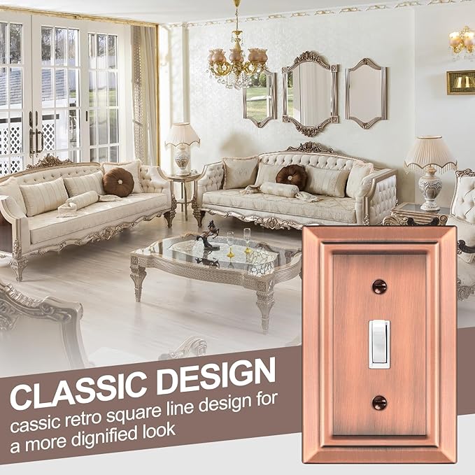 Antique Copper Light Switch Cover Plate Decorative Metal Switch Plates Outlet Cover, 1-Gang Wall Plate for Electrical Outlets (Single Toggle, 6 Pack)