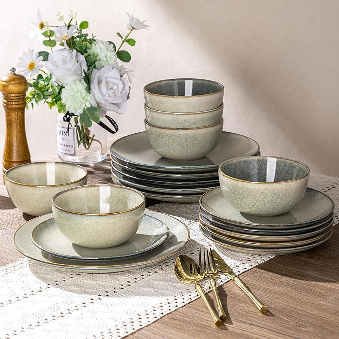AmorArc Ceramic Dinnerware Sets for 4, 12 Pieces Handpainted Stoneware Plates and Bowls Set, Scratch Resistant Dishes Set, Dishwasher & Microwave Safe, Reactive Color