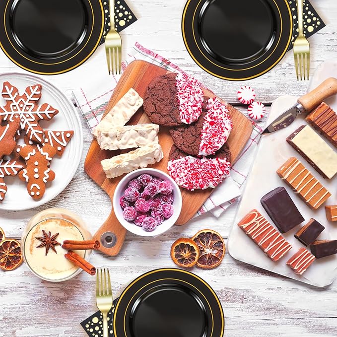 Stylish 7.5 Inch Gold and Black Cake Plates with Disposable Forks and Cocktail Napkins (100 Set of Each) - Small Appetizer Plates, Disposable Cake Plates or Salad Plate - Black Plastic Dessert Plates