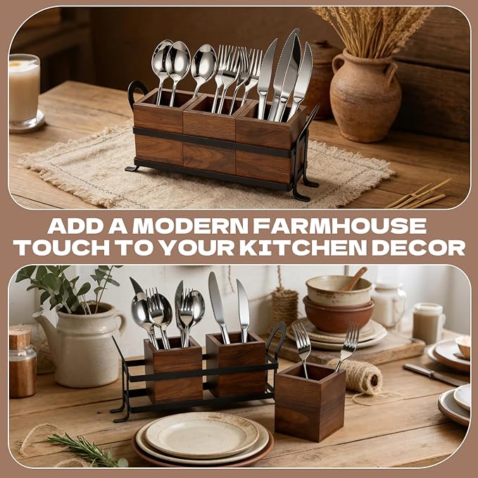 Wooden Utensil Holder with Drain Holes - 3 Compartments Farmhouse Kitchen Utensil Caddy Silverware Holder, Black Metal Tray Flatware Organizer for Spoons Forks Knives (New Improved Version)
