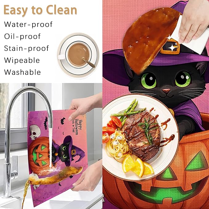 Halloween Pumpkin Placemats Set of 6,Trick or Treat Placemats Washable Kitchen Dining Linen Table Mats Stain Heat-Resistant for Home Party Indoor 12x18 inch
