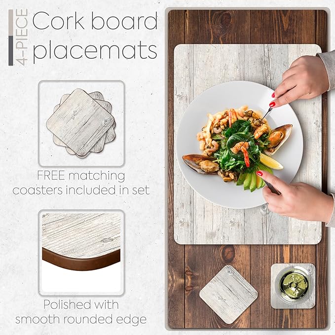 Set of 4 Heat Resistant Cork Placemats for Dining Table with Free Set of 4 Matching Drink Coasters Cork Wood Design Print 16 x 12 Inches Cork Backed Hard Placemats (White Driftwood)
