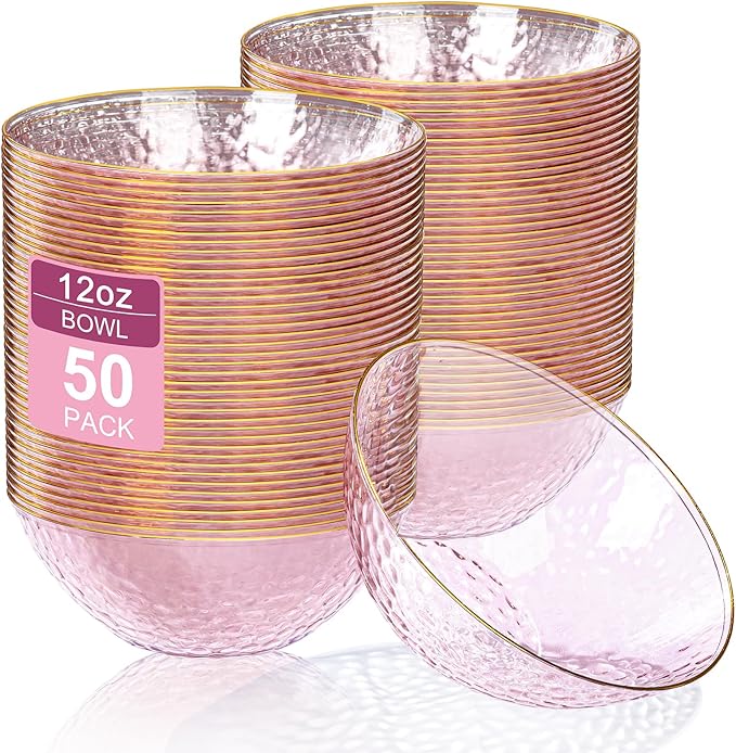Rubtlamp 50 Pack Clear Pink Disposable Bowls, Clear Plastic Bowls with Gold Rim, 12-16oz Premium Heavy Duty Plastic Dinner Bowls for Party, Wedding and Holiday