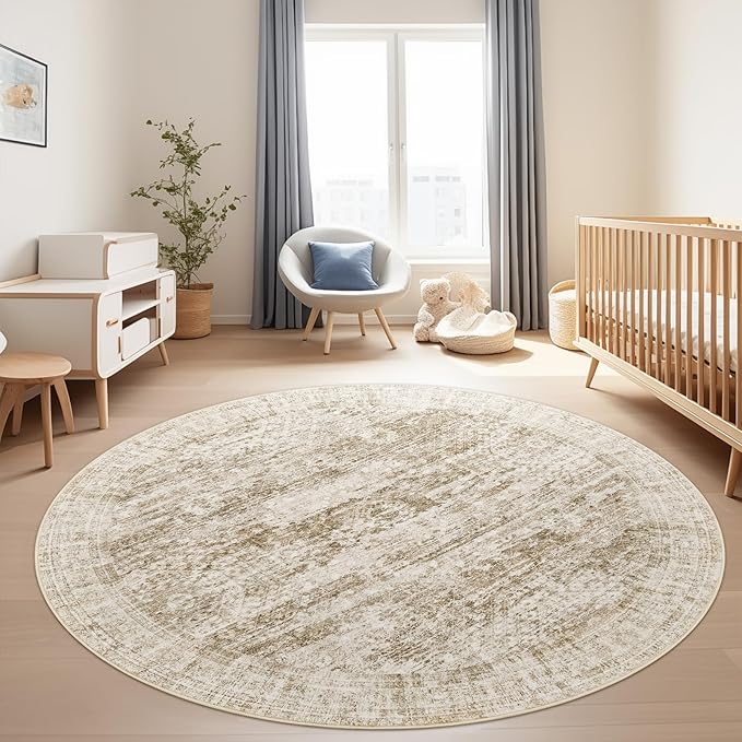 9x9 Brown Round Rug 9ft Living Room Circle Rug Vintage Round Area Rug Non Slip Indoor Carpet for Apartment
