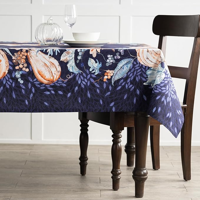 Maison d' Hermine Table Cloth Rectangle Table 100% Cotton 70 x 120 Inches Fall Tablecloth Reusable Everyday Use for Thanksgiving Christmas Decorations Dining Farmhouse Party (Pumpkin Blues)