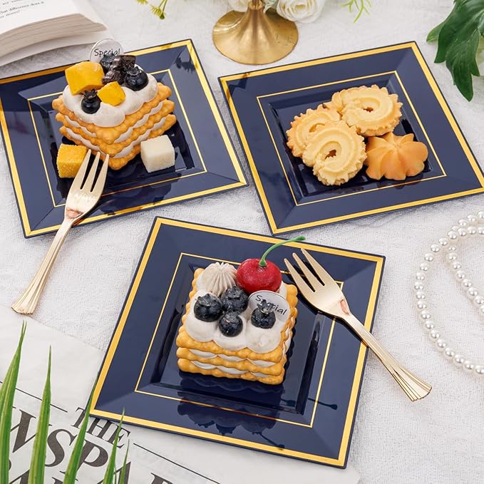 WDF 200PCS Blue Plastic Dessert Plates with Plastic Forks -6’’ 100 Square Disposable Appetizer Plates Small Cake Plates with Gold&100 Navy Blue Small Appetizer Forks for Party Wedding Birthday