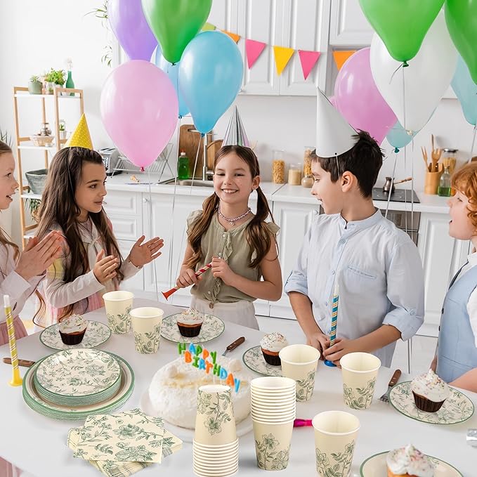 Kochorie 96 Pieces Sage Green Floral Party Supplies Elegant Floral Disposable Tableware Set Includes 9 Inch and 7 Inch Paper Plates, Cups, Napkins Serves 24 Guests for Birthday Baby Shower Wedding