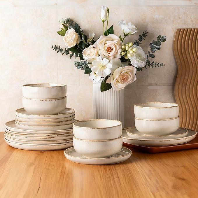 AmorArc Ceramic Dinnerware Sets, Wavy Rim Stoneware Plates and Bowls Sets, Highly Chip and Crack Resistant | Dishwasher & Microwave Dishes set, Service for 4 (12pc)-Cappuccino