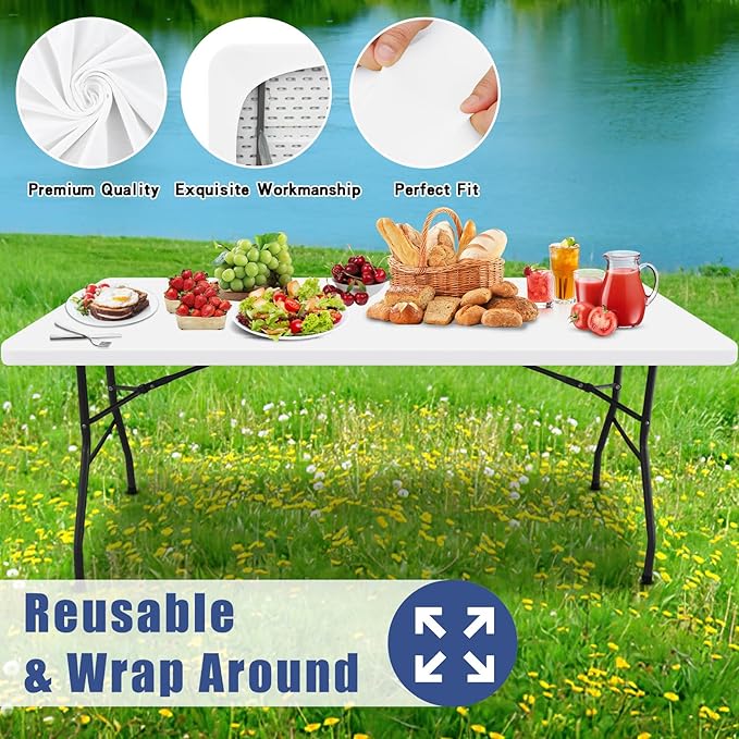 Spandex 6 Foot Rectangle Table Cloth 2 Pack, Elastic Fitted Tablecloths for Picnic, Stretch Washable Patio Table Cover for Outdoor, Camping, Banquet and Parties (White, 36"x72")